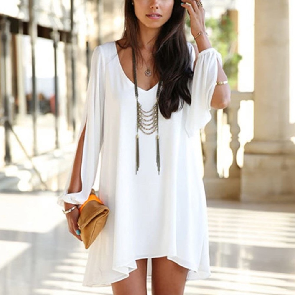V-Neck Loose White boho Dress